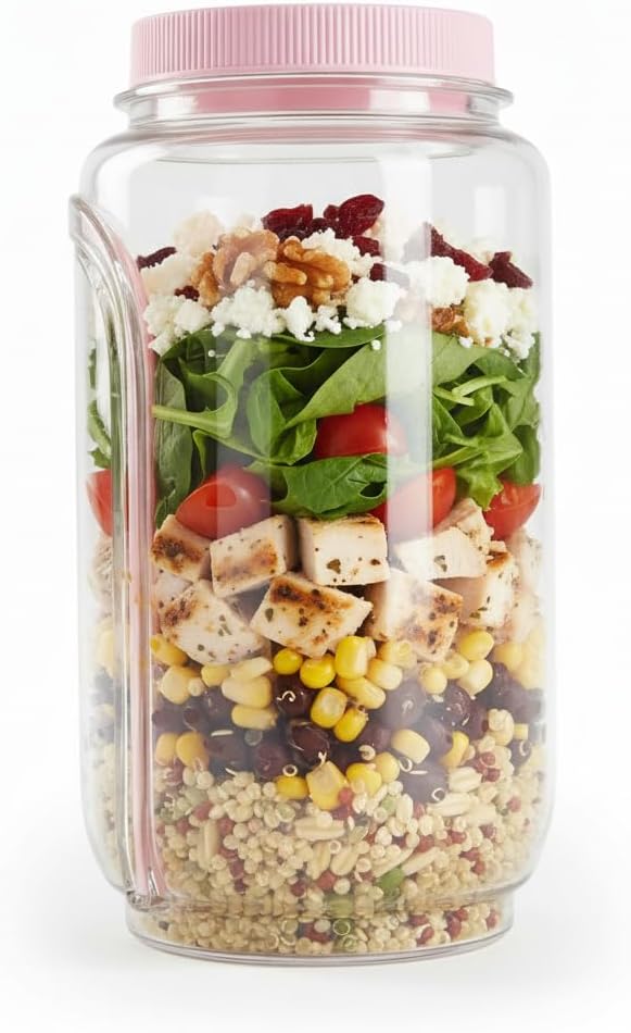 Pink Salad Jar with Side Opening Durable Salad Container for Lunch, Meal Prep & Work
