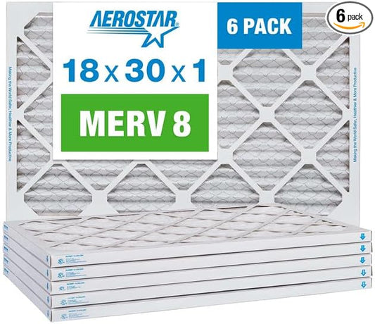 Aerostar 18x30x1 MERV 8 Pleated Air Filter, AC Furnace Air Filter, 6 Pack by AirFiltersDelivered