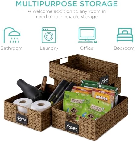 Best Choice Products Set of 4 16x12in Large Water Hyacinth Pantry Baskets, Woven Organizers w/Chalkboard Label, Chalk Marker - Chestnut