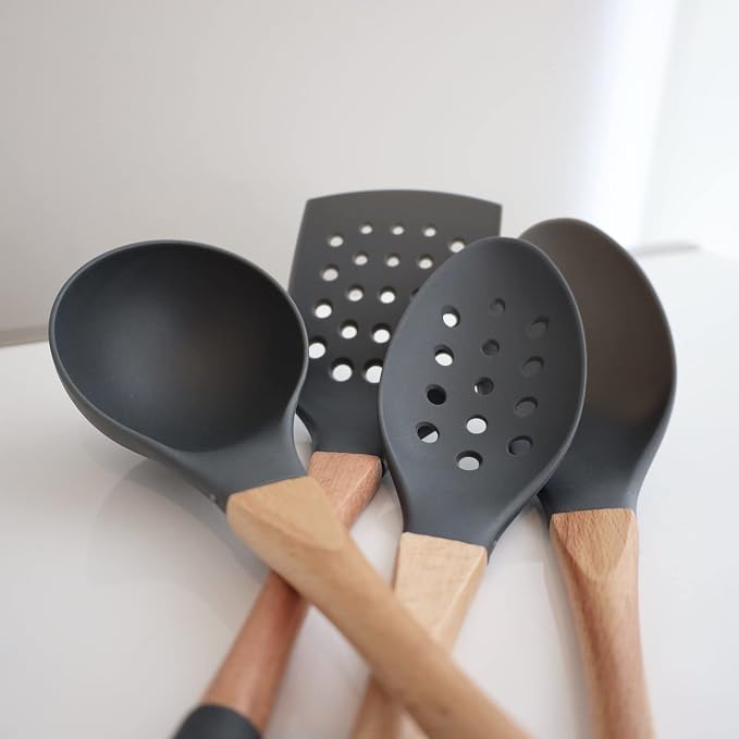 Beille 5pc Dark Grey Nylon Wooden Kitchen Utensils - Image 5