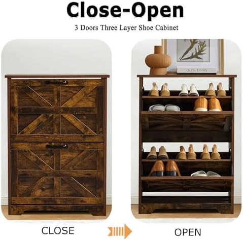 Shoe Storage Cabinet with 2 Flip Drawers, Farmhouse Shoe Organizer with Barn ...