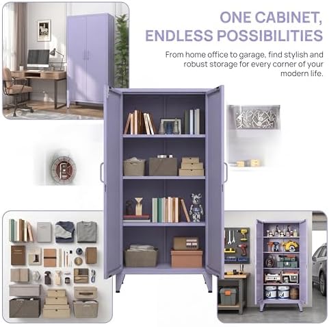 61" H Tall Lockable Steel Storage Cabinet with 2 Doors and 3 Adjustable ...