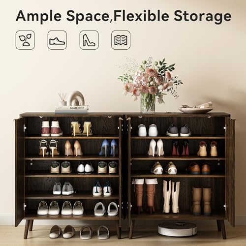 5-Tier Shoe Storage Cabinet with Adjustable Shelves, Walnut丨Fluted Shoe Cabin...