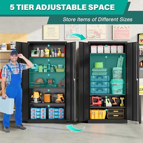 SISESOL Metal Storage Cabinet with 2 Doors and 5 Shelves,71" Lockable Ga...