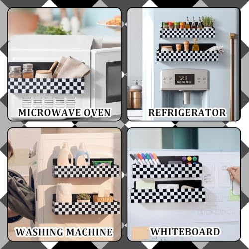 Beeveer 2 Pcs Magnetic Spice Rack for Refrigerator, Checkered | Black and White, Farmhouse Retro Kitchen Decor Accessories, 2 Sizes Metal Storage Shelf for Fridge Spices, No Drilling.