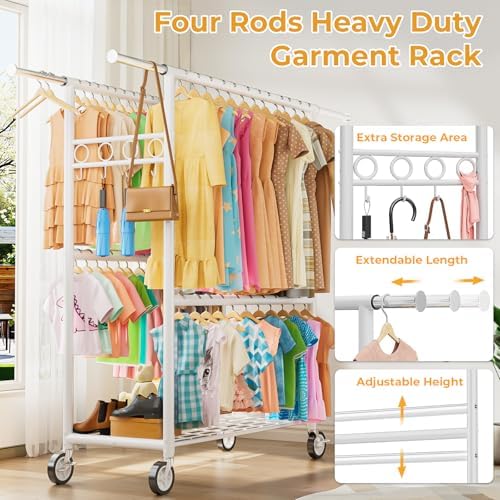 Heavy Duty Clothes Rack Load 1060LBS, Four Rods Rolling Clothing Racks for Ha...
