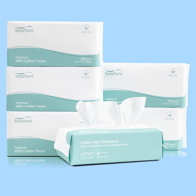 Saraflora 100% Cotton Facial Tissue Soft Dry Wipe 6 Pack, Use - Image 7