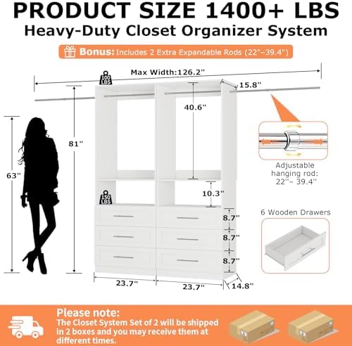 Closet System Set of 2, Closet System with 6 Drawers, 4 Rods & 2 Shelves,...