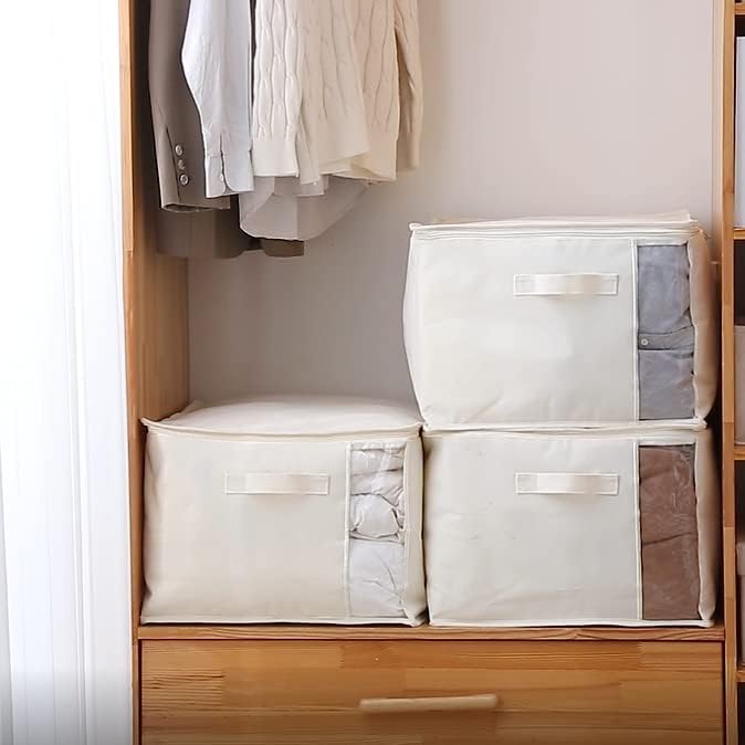 3 Pack Canvas Comforter & Blanket Storage Bags with Clear Window, Beige