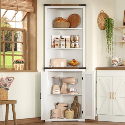 TEENFON Farmhouse Corner Cabinet, 70" H Tall Corner Hutch with 5 Shelves...
