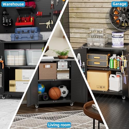 Aobabo 31.5" H Metal Storage Cabinet with Wheels and 2 Pegboards, Lockab...