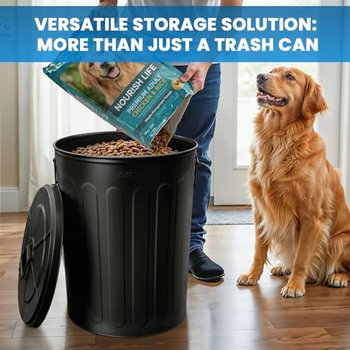 Plexon 20 Gallon Metal Trash Can with Lid Outdoor Large Trash Bin Steel Garbage Can for Garage Patio Farmhouse Bucket Bird Seed Storage Can Heavy Duty Round Container, Black