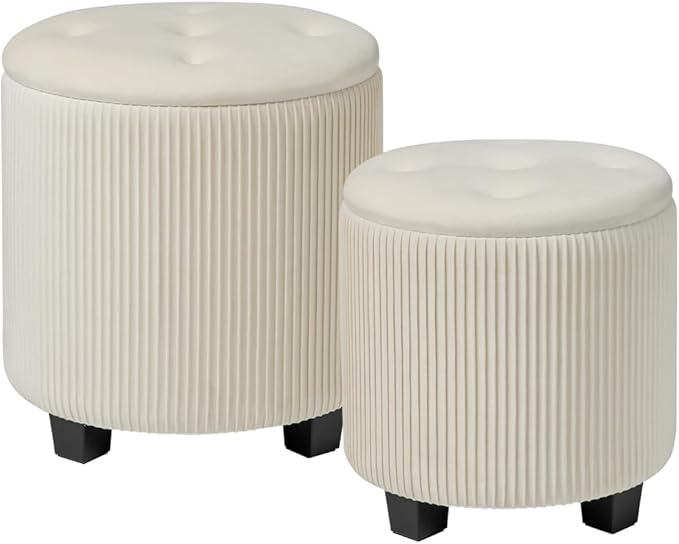 Big Round Ottoman with Storage Set of 2, Upholstered Velvet Vanity Stool by HomePage
