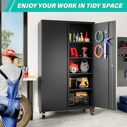 SISESOL Wide & Deep Metal Storage Cabinet with Wheels,Tall Rolling Garage...