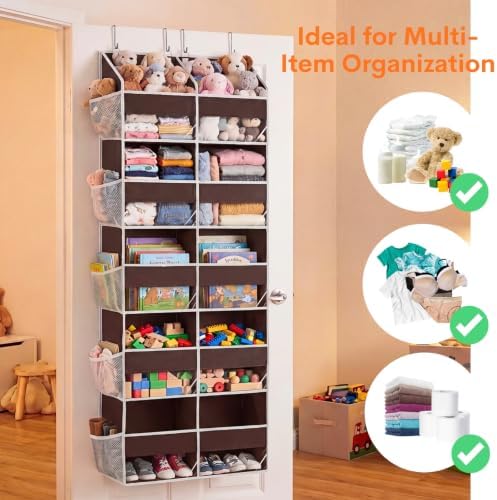 Over the Door Organizer 5 Tiers, Extra Large Behind Door Storage of 10 Compartments, 80 lbs Weight Capacity Over Door Organizer, Door Hanging Organizer for Closet, Diaper Organizer (Brown)
