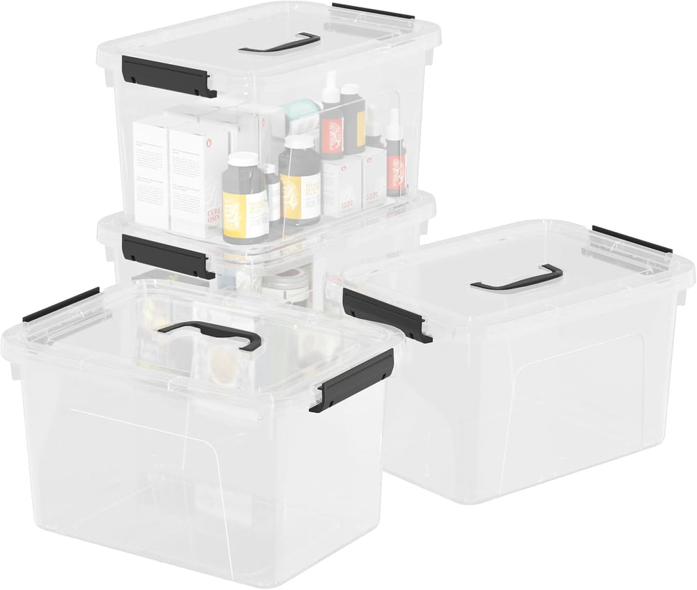 4 Pack 10.5 Quart Plactic Storage Latch Bin, Clear