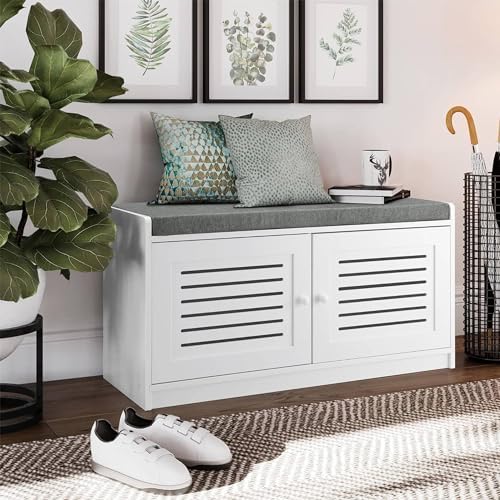 Sturdis - Shoe Storage Bench - Adjustable Shelves & Cushion Seat, White