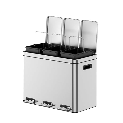 3 x 4 Gal Trash Can, Stainless Steel Triple Compartment Step-On Recycling Bin by Unknown