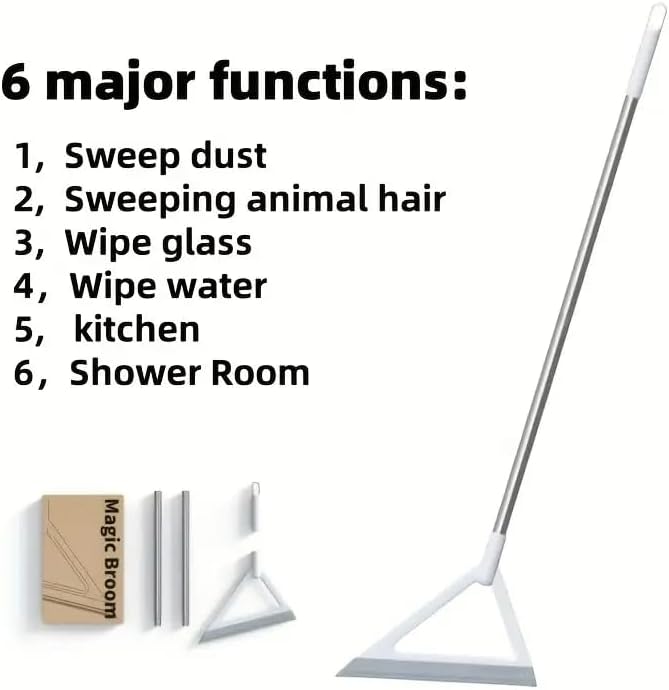 Silicone Magic Broom with Adjustable Long Handle, 3-in-1 Floor Squeegee Broom & Pet Hair Remover, Multi-Surface Cleaning Tool for Hardwood Floors, Tile, Bathroom, Kitchen, Shower & Glass