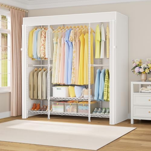 ULIFHOME E3C White Clothes Rack with Beige Cover, Heavy Duty Garment Rack