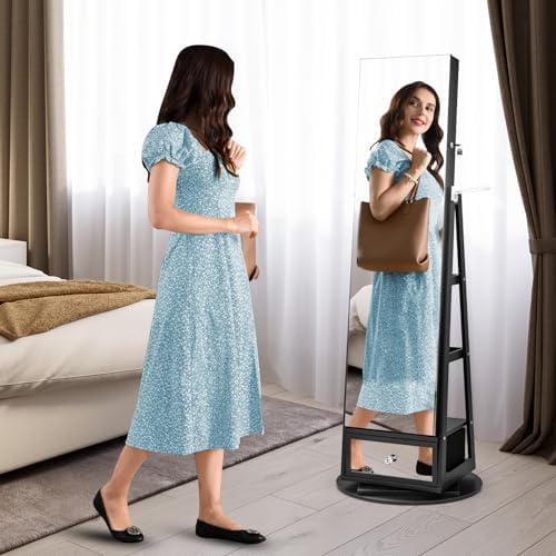 GOFLAME 360 Rotating Jewelry Cabinet with Full Length Mirror, Standing LED Je...