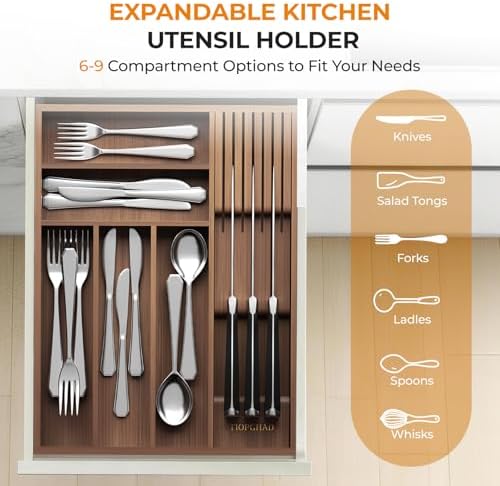 Small Bamboo Silverware Organizer Kitchen Utensil Tray, Brown | Removable Knife Block, Holds 7 Knives, Adjustable Dividers, 15.6 x 12 x 1.8 in, Drawer Insert for Utensils, Forks