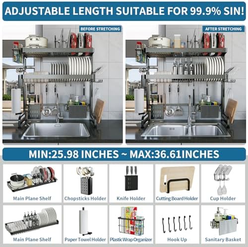 LIVOD Over The Sink Dish Drying Rack,3 Tier Adjustable Length Full Stainless ...
