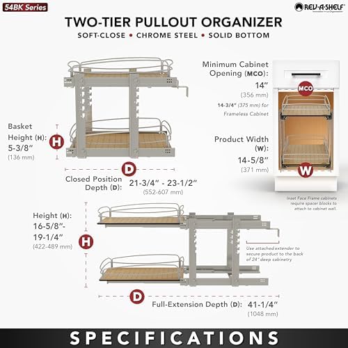 Rev-A-Shelf 2 Tier Pull Out Kitchen Cabinet Storage Organizer with Solid Bott...