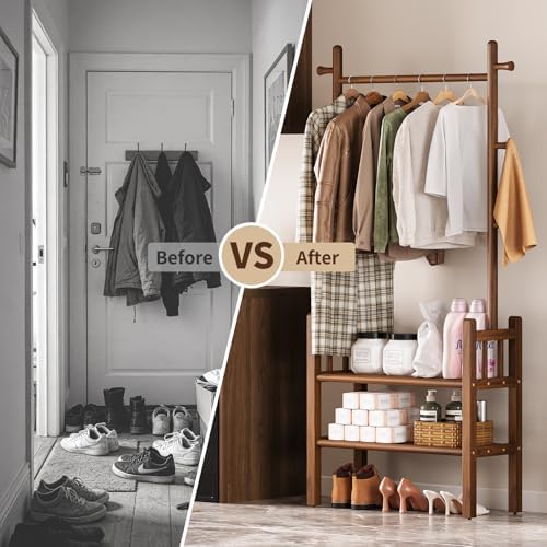 Solid Wood Clothing Rack with Shelves - Coat Rack Freestanding with 6 Hooks L...