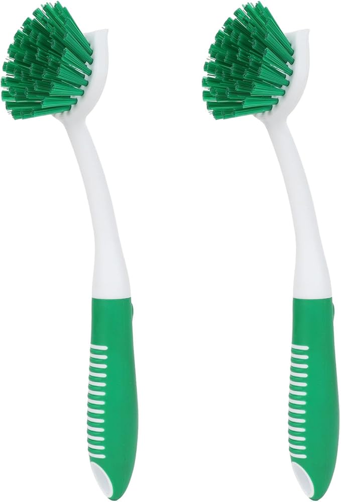 Dish Brush with Handle, 2 Pack Scrub Brushes with Built-in Scraper by HileSwan