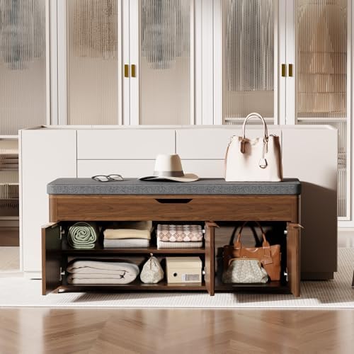 37.4" W Shoe Bench with Storage, Lift Top Entryway Bench, Walnut