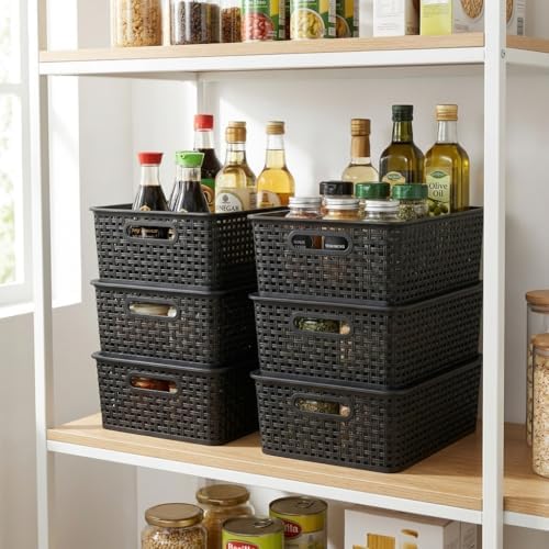 13 Quart Stackable Flat Plastic Storage Basket with Lid, 6 Packs