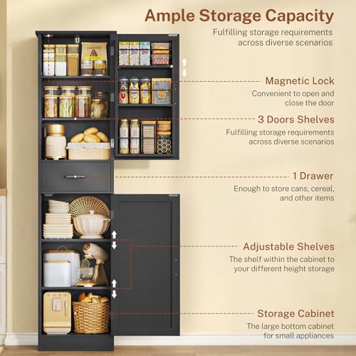 Tall Storage Cabinet with Door Shelves & Drawer, Kitchen Pantry Cabinet