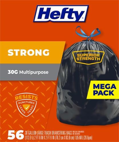 Hefty Strong 30 Gallon Trash_Bags, Large Trash-Bags 30 Gallon Size, Durable Drawstring Enclosure, Resists Punctures, Leaks, and Tears, Black, Unscented, 56 Bags (Pack of 3)
