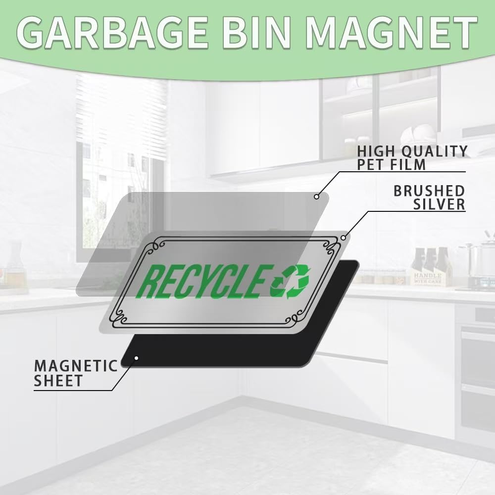 Recycle Stickers for Trash Bins,Magnetic Recycling Stickers for Trash Can | Silver Brushed Recycle Sticker for Kitchen Trash Cans,Recycling Bins,Outdoor Waste Bin (Rectangular)