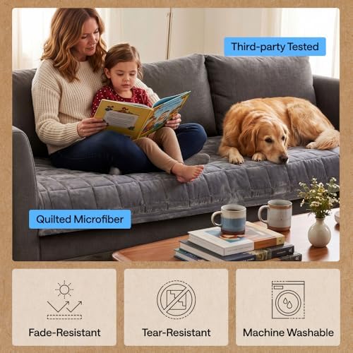 GORILLA GRIP Slip and Leak Resistant Plush Quilted Oversized Sofa Cushion Cover Blanket, Soft Couch Covers for Sofa Dogs, Machine Washable Furniture Protector Pet Friendly Couches, Gray, 78x28 Inches