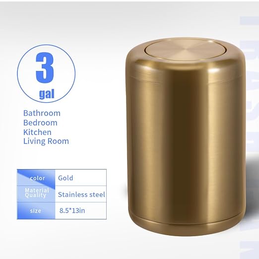 Waste Can 3 Gallon with Swing Lid，Brushed Stainless Steel Gold Trash Can，Metal - Image 4