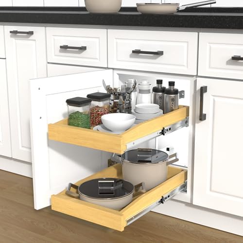 2 Tier Pull Out Cabinet Organizer, 17"W x 21"D Solid Wood Heavy-Dut...