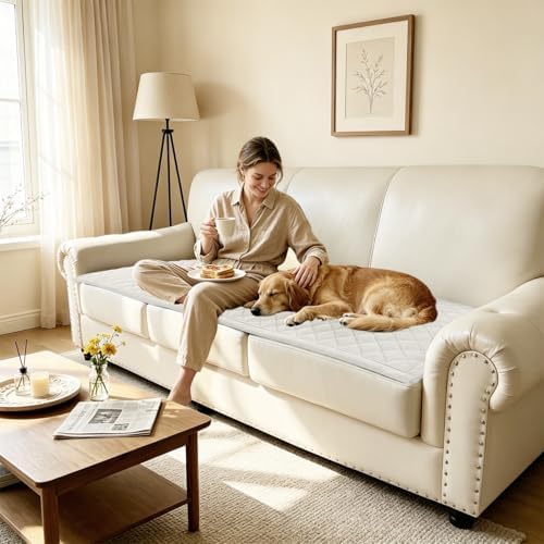 ALIECOM Waterproof Couch Covers for Dogs Sofa Cover Washable Non Slip Couch Covers for 3 Cushion Sofa Pet Friendly Soft Fuzzy Thick Sofa Slipcovers Furniture Protector (Ivory White, 27.5x82.6in)