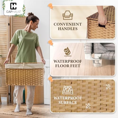 CAPHAUS Handwoven Synthetic Rattan Storage Basket w/Lid, Foldable Clothes Bas...