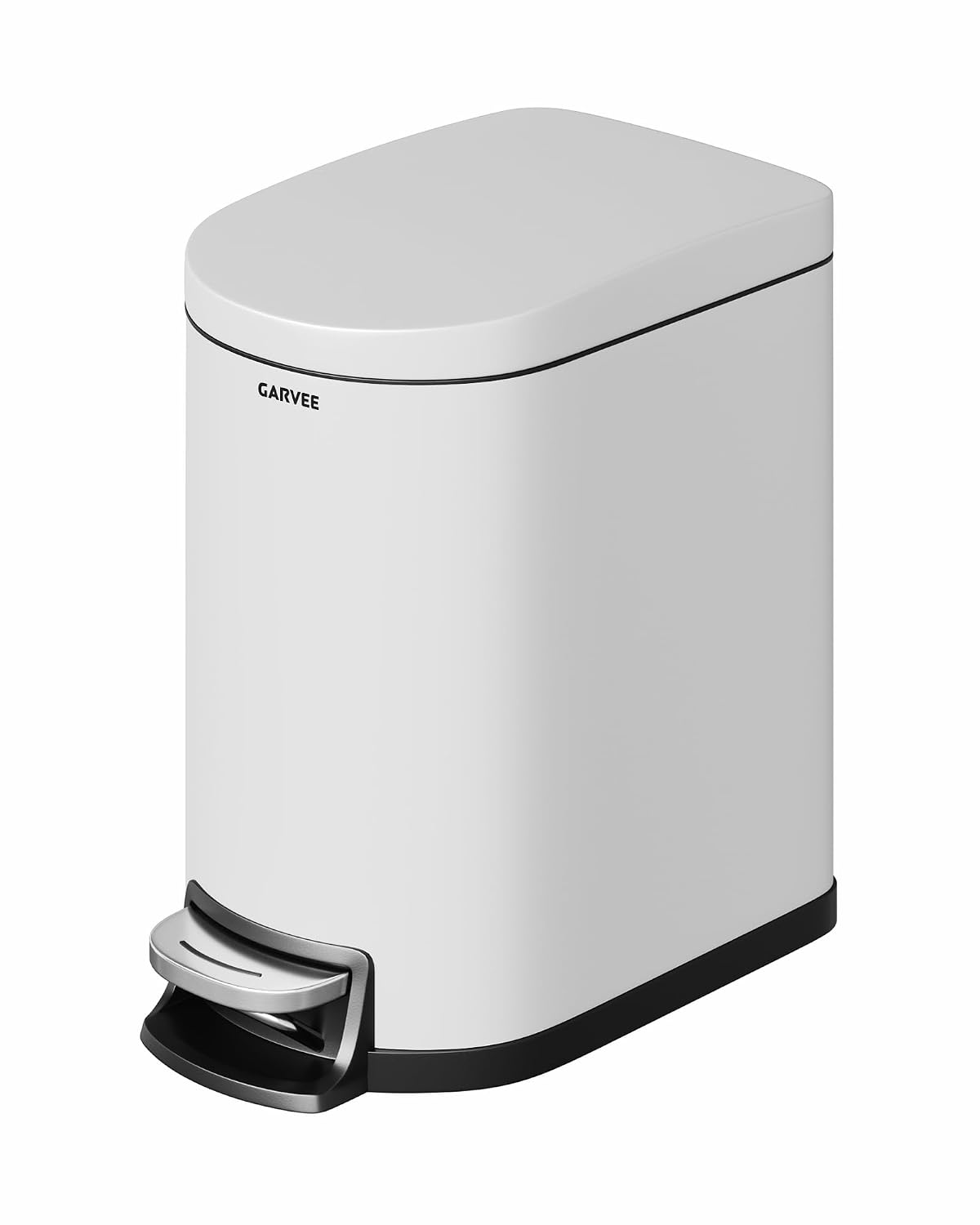 Garvee 1.6 gal / 6 L Metal Bathroom Trash Can with Lid, Slim Waterproof Garbage Can for Bedroom, Small Step-on Trash Bin with Inner Bucket, Rear Handle, Soft Close Lid, White