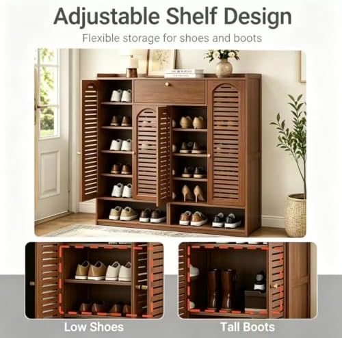 Bamboo Shoe Cabinet, 7-Tier Large Shoe Cabinet with Doors, 36-40 Pairs Shoes ...