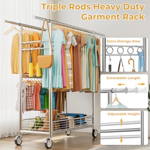 Heavy Duty Clothes Rack Load 960LBS, Three Rods Rolling Clothing Racks for Ha...