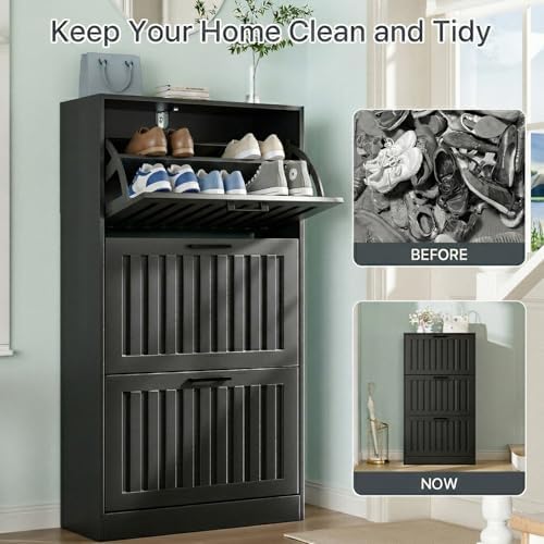Shoe Storage Cabinet for Entryway Narrow Shoe Rack Cabinet 3 Flip Drawers