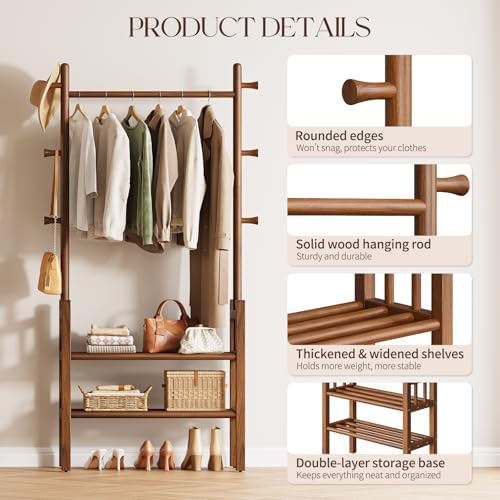 Solid Wood Clothing Rack with Shelves - Coat Rack Freestanding with 6 Hooks L...