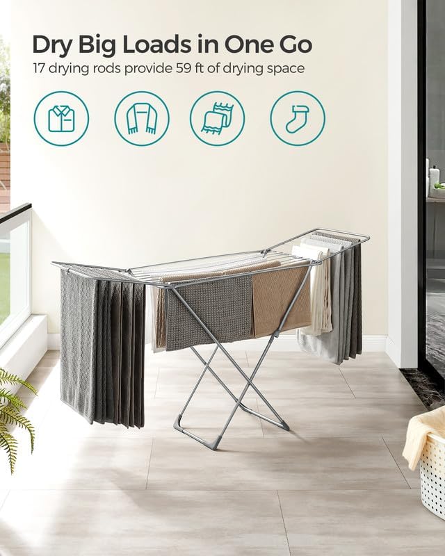 SONGMICS Clothes Drying Rack, Metal Laundry Drying Rack, Space-Saving, - Image 3