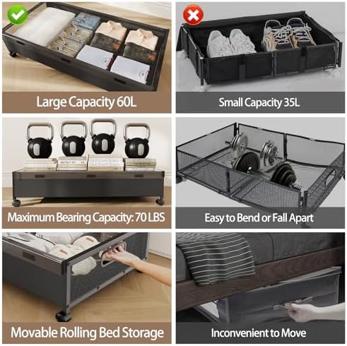 KITHELP Under Bed Storage with Wheels,2 Pack Under Bed Shoe Storage, Under th...