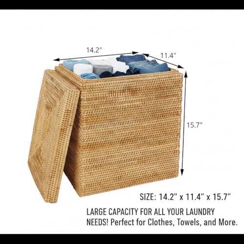 Rectangular Woven Laundry Basket with Lid, Handwoven Natural Autumn Rattan De...