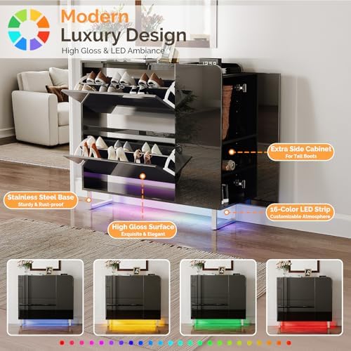 VINGLI Black Shoe Cabinet with LED Lights, Narrow Shoe Storage Organizer with...