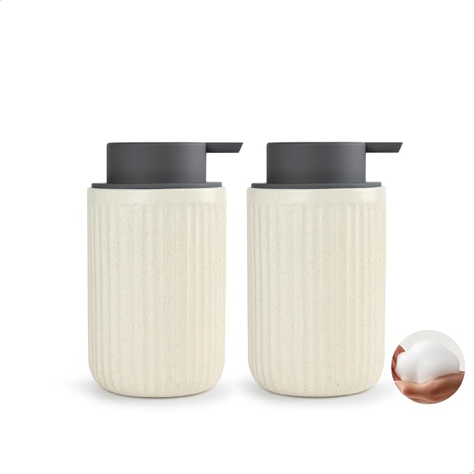 Beige Ceramic Foaming Soap Dispenser 2 Pack, Speckled Rippled 12 oz Bottle by ABBINIMO